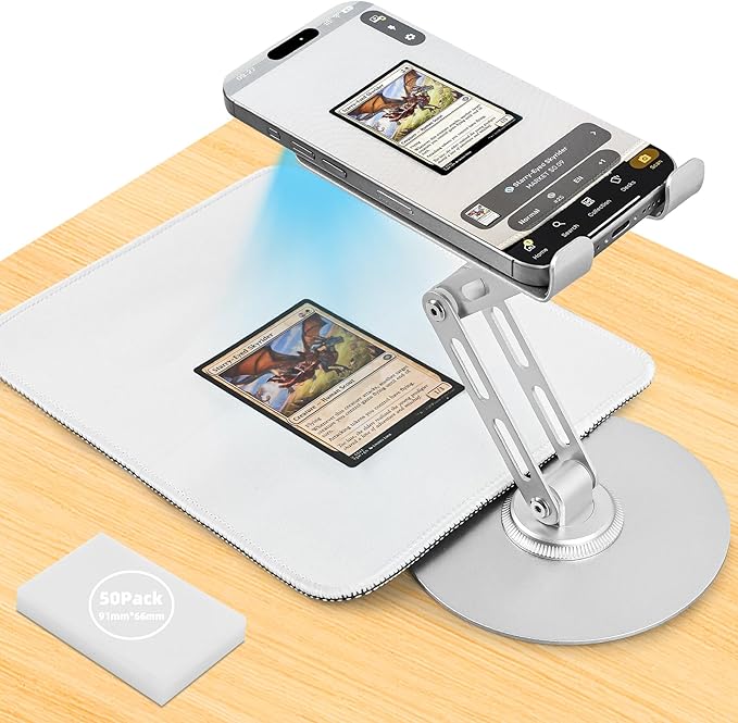 Foldable MTG Trading Card Scanner Stand,Carbon Steel Phone Holder Includes 50 Standard Size Card Sleeves and Scanning Pad,Ideal for Quickly Scan and Price Check,Available for ManaBox (silver)