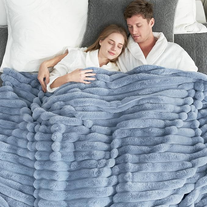 Cozy Bliss Faux Fur Throw Blanket for Couch, Cozy Warm Plush Striped Blanket for Sofa Bedroom Living Room, 60 * 80 Inches Light Blue
