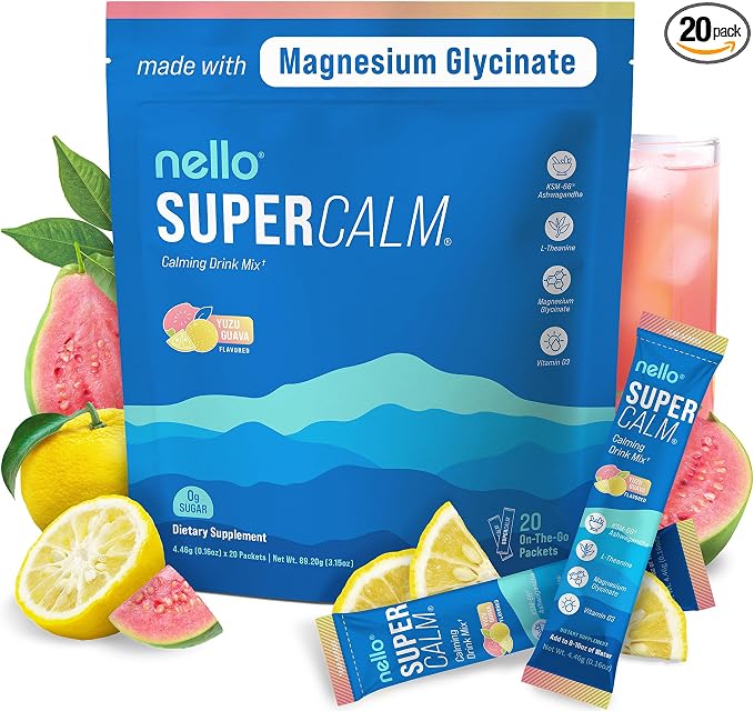 Nello Supercalm Powdered Drink Mix, Cortisol Reducer* and Sleep Aid Supplement, L Theanine, Ksm-66 Ashwagandha, Magnesium Glycinate, Vitamin D 3, No Sugar, Non GMO, On The Go, 20 Ct, Yuzu Guava