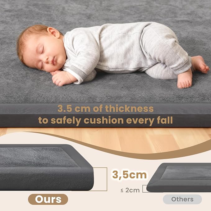 ACOMOPACK Baby Play Mat for Floor 1.3" Thick Memory Foam Play Mat 79"×118" Tummy Time Crawling with Non-Slip Bottom for Living Room,Nursery,Soft Velvet Playpen Mats for Kids,Infants（Dark Grey）