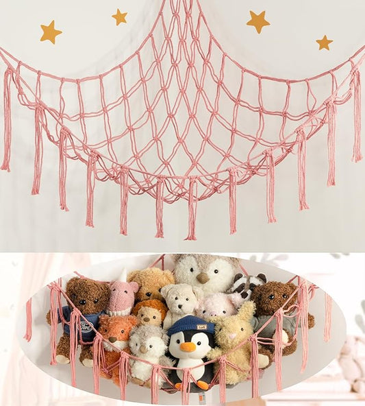 Stuffed Animal Storage Hammock or Net Corner - Large Toy Hammock Net for Stuffed Animals Room Decor - Cute Stuff Animal Organizer Plush Holder - Kids Baby Nursery Essentials Wall Bedroom Home Decor