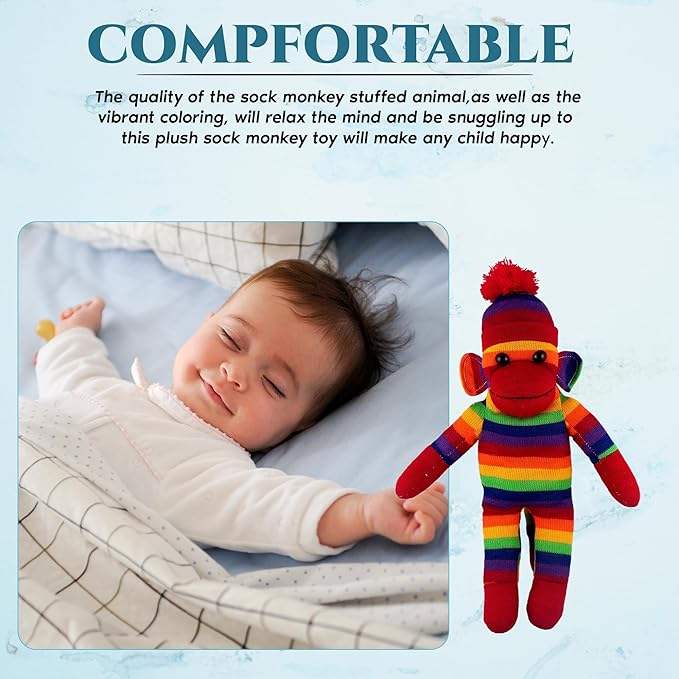 Plushland Adorable Sock Monkey, The Original Traditional Hand Knitted Stuffed Animal Toy Gift-for Kids, Babies, Teens, Girls and Boys Baby Doll Present Puppet (16'' Rainbow)