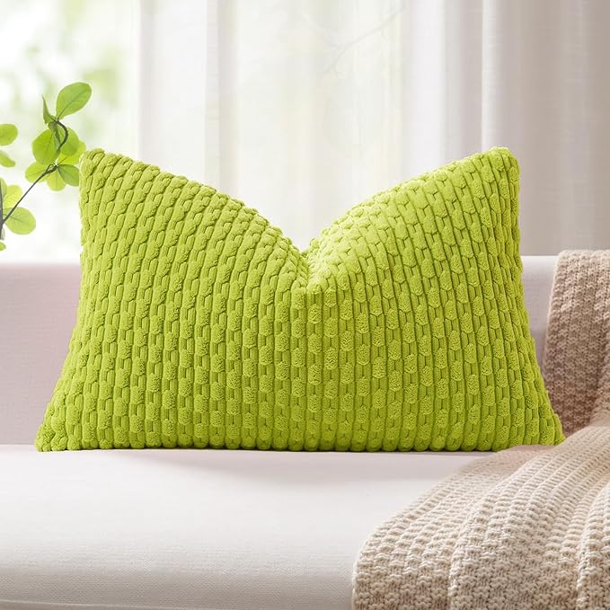 Kevin Textile Soft Corduroy 12"x24" Lumbar Pillow Cover 1 Pack, Xmas Green | Boho Stripe Plush Corduroy Decorative Oblong Cushion Cover Modern Farmhouse Home Decor for Sofa Couch Bed Chair