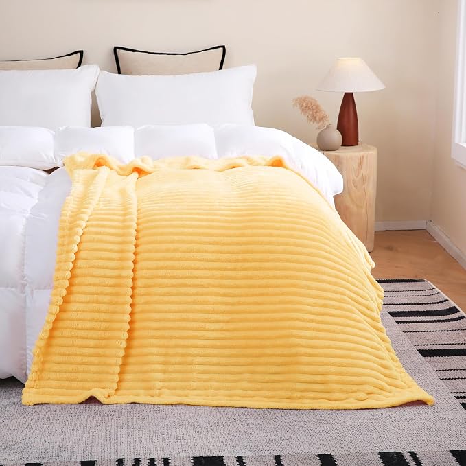 Light Yellow Fleece Throw Blanket 60”×80” for Couch Sofa Livingroom | Linecooo Super Soft Cozy Plush Microfiber Flannel Bed Blanket Striped Design Lightweight Home Decor Gifts for Adult Mom Women