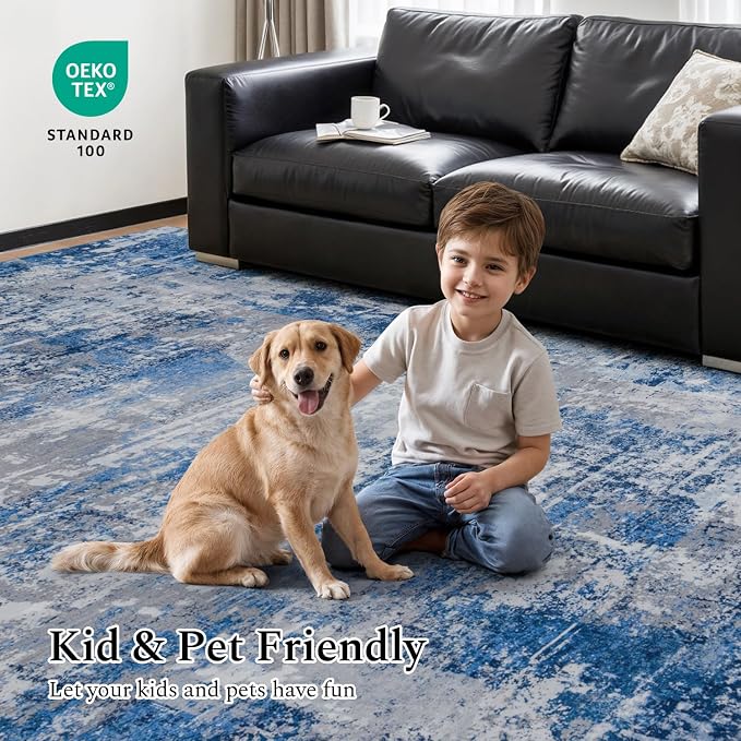Rugflix 5x7 Area Rugs for Living Room, Washable Blue Grey Large Rug | Machine Washable; Stain-Resistant; Low Pile; Non-Slip; Modern Abstract; Carpet for Bedroom Dining Office Nursery Home