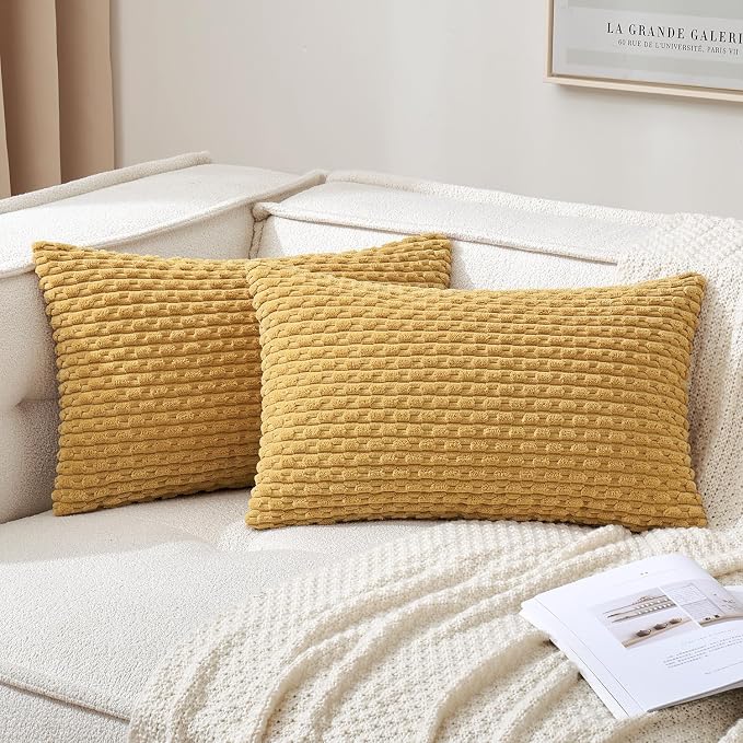 MIULEE Lumbar Decorative Throw Pillow Covers 12x20 Gold Textured Corduroy | Striped Pack of 2 Striped Pillow Covers Modern Farmhouse Home Decor for Couch Bed Sofa Living Room