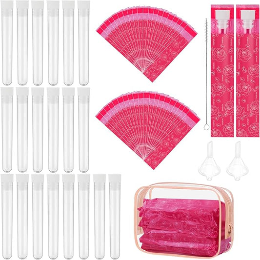 64 Pcs Tampon Flasks Set Includes 20 Reusable Plastic Flasks, 40 Self Adhesive Wrappers, 2 Funnels, Storage Bag, Straw Scrubber, Hidden Flasks for Cruise Event, Concert, Outdoor Sports (Rose red)
