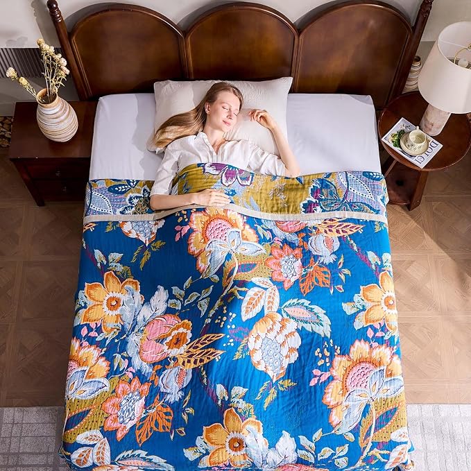 XIBLC Boho Throw Blanket, Blue Lightweight Blankets for Summer, 100% Cotton Bohemian Decorative Throw Blanket, 60"x80" Reversible Muslin Breathable Woven Farmhouse Blankets Quilt,