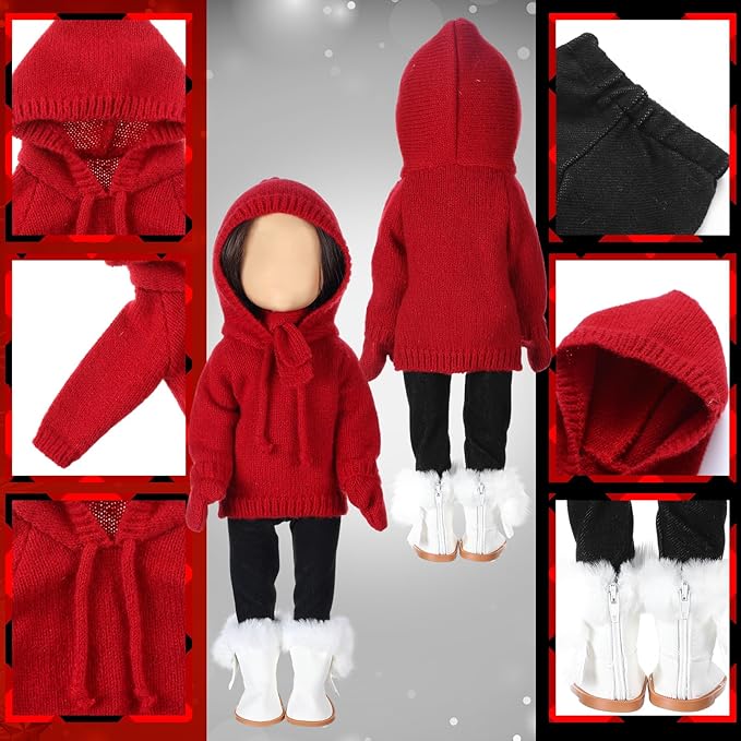 6 Pcs Christmas 18 Inch Doll Clothes and Accessories Winter Outfits Set Sweaters Trousers Hats Shoes for 18 Inch Doll Gift(Light Red,Smart Style)