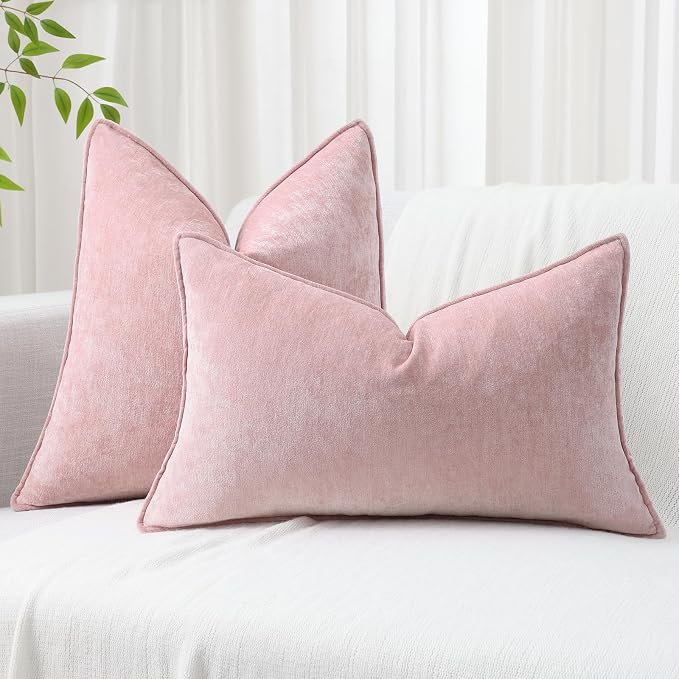 decorUhome Chenille Blush Pink Velvet Throw Pillow Covers 24x24 Set of 2 | Fall Soft Euro Sham Couch Decorative Modern Farmhouse Pillow Cases with Elegant Design for Sofa Bed Living Room Home Decor