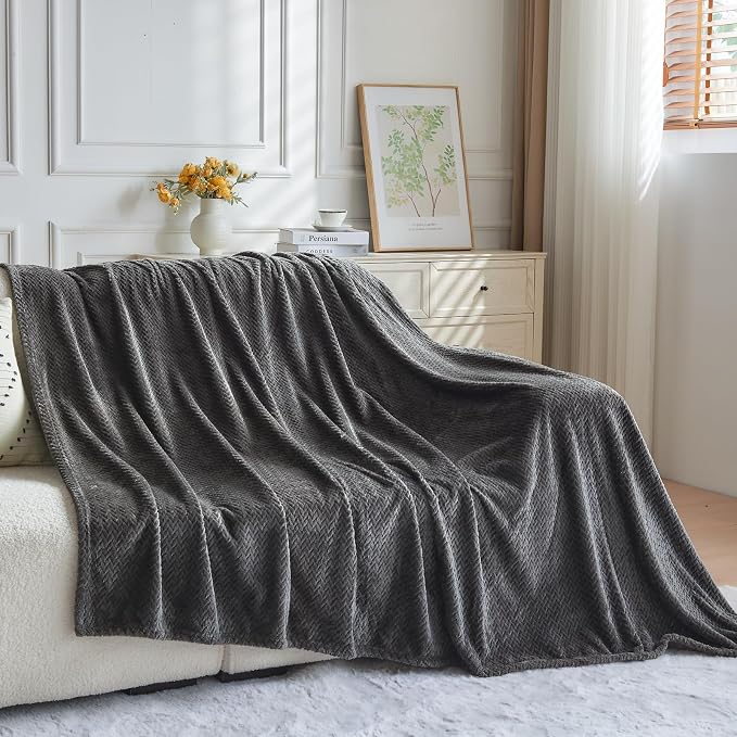 NEWCOSPLAY Fleece Leaves Pattern Queen Blanket, Dark Grey, 90"x90" | Super Soft Throw Blanket, Lightweight Cozy Bed Sofa Blanket, Premium Silky Flannel Fleece, Travel Blanket for All Season Use