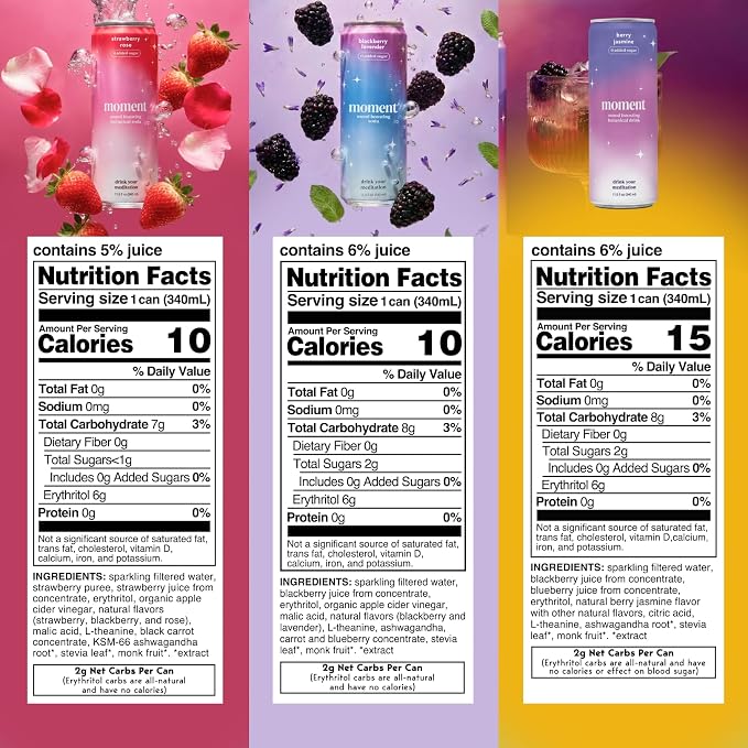 Moment Adaptogen Drink (Shark Tank) - Calm, Clarity & Relaxation with L-Theanine & Ashwagandha - Non Alcoholic Drinks for Adults - Sparkling Botanical Soda - 0 Sugar 0 Caffeine - 12 Pack 11.5 fl oz