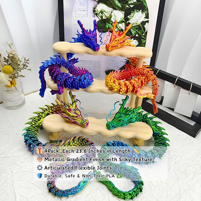 4-Pack 24 Inch 3D Printed Dragon Toy, Articulated Chinese Dragon Action Figure with Gift Box - Christmas Gift, Imaginative Play, Office Desk Decor & Collectible Figurine for Kids & Adults