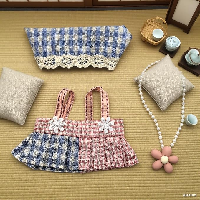 15-17cm Doll Clothes Set - Plaid Dress with Hat & Pearl Necklace for Stuffed Animals (No Doll Included)