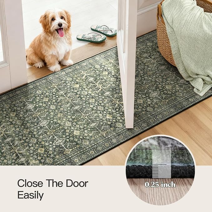 2x8 Area Rugs for Hallways, Green Washable Non-Slip Kitchen Runner Rug | Low Pile Runner Rugs, Soft Carpet for Kitchen Bathroom Bedroom Laundry, Stain Resistant Foldable Vintage Distressed Rug