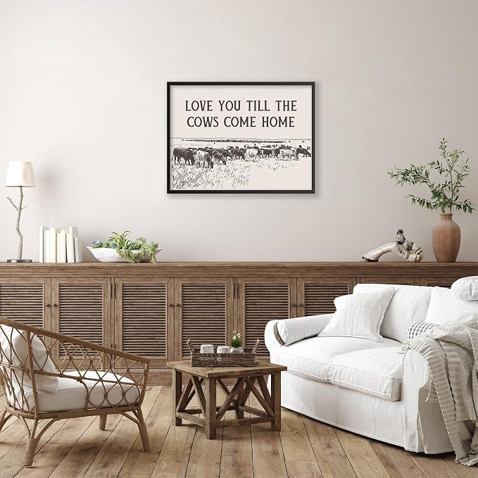 I Love You Till The Cows Come Home Wall Art Black And White Western Cowboy Poster 08x10 inch Black Framed Southwestern Country Animal Canvas Prints Farmhouse Living Room Wall Decor