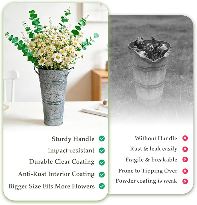 12 Inch Galvanized Metal Flower Buckets, Set of 6 - Rustic Tin Vases with Handles for Farmhouse & Wedding Decor, Tall Planters for Cut Flowers, Table Centerpiece & Home Organization
