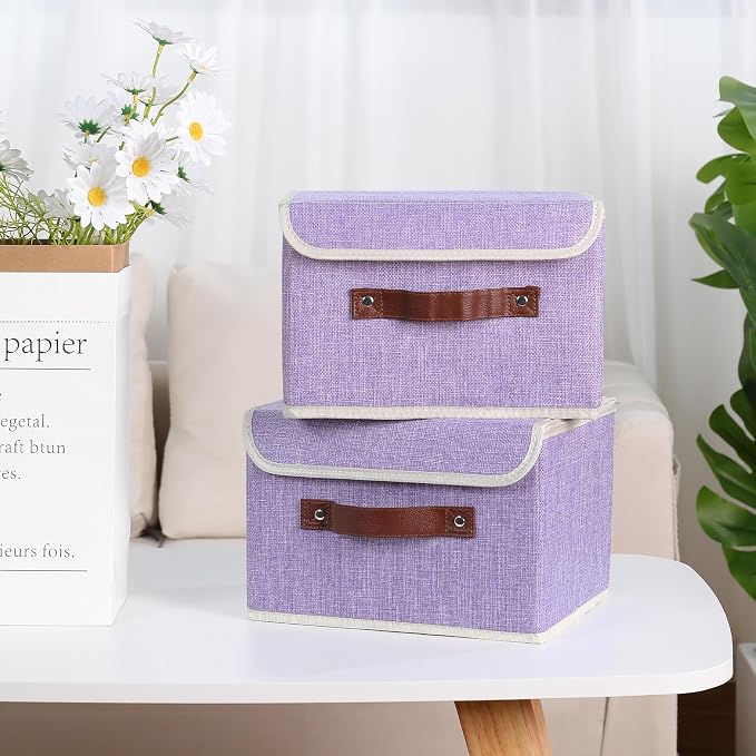 ANMINY Fabric Storage Box Bins with Lids, Purple, 13"x9"x7.9", 4 Pack | Keepsake Memory Storage, Cotton Linen, PP Board Reinforced, Washable, PU Handles, Foldable & Stackable, Decorative, Medium