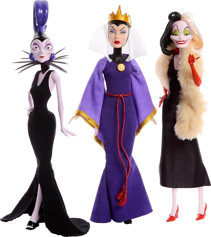 Mattel Disney Princess Toys, Villains Multipack with Evil Queen, Cruella de Vil & Yzma Fashion Dolls, Disney 100 Years of Wonder Collectible