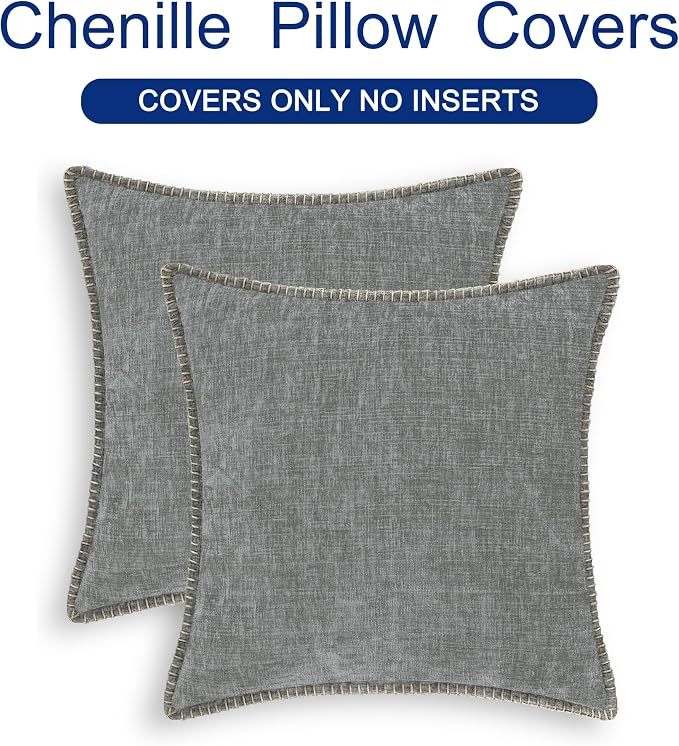 CaliTime Decorative Couch Throw Pillow Covers 22 X 22 Inches Medium Grey | Pack of 2, Cozy Chenille Cushion Cases, Cotton Thread Stitching Edges, for Sofa Bed Living Room Farmhouse