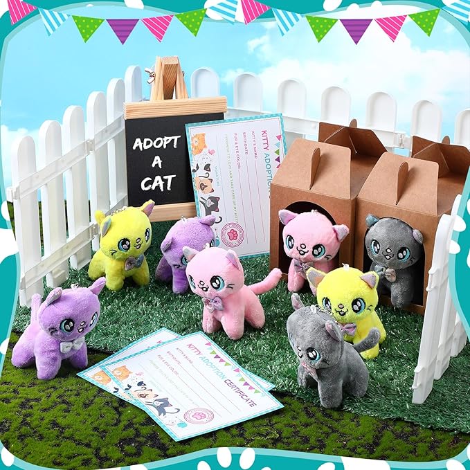 84 Pcs Adopt a Pet Party Favors 24 Mini Plush Stuffed Animals 10 White Plastic Fence 24 Paper Gift Boxes 24 Adoption Cards with Mini Chalkboard and Artificial Lawn(Kitten)