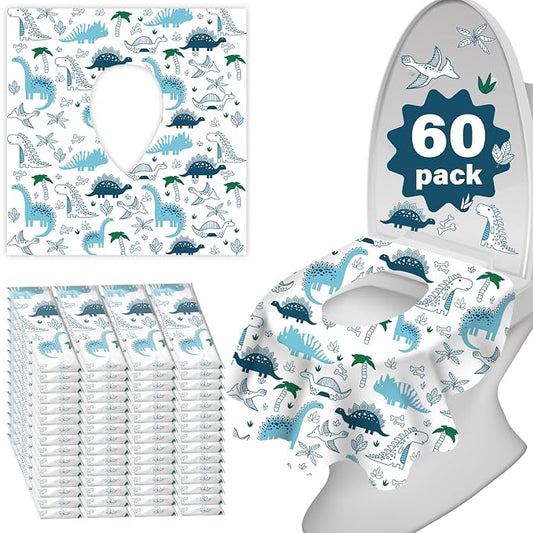 60 Pack Toilet Seat Covers Disposable, Extra Large Waterproof Toilet Cover for Toddlers & Adults, Individually Wrapped Travel Essential Portable Potty Training in Public Restrooms, Trip - Dinosaur