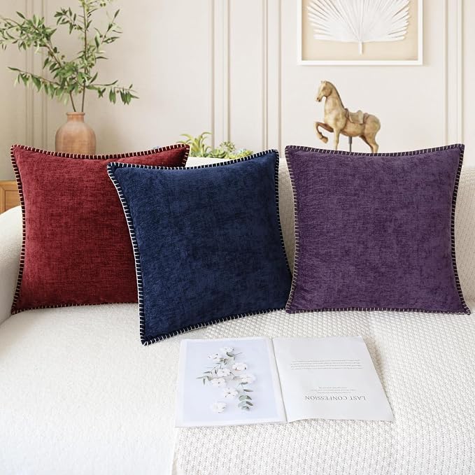 CaliTime Decorative Couch Throw Pillow Covers 16 X 16 Inches Burgundy | Pack of 2, Cozy Chenille Cushion Cases, Cotton Thread Stitching Edges, for Sofa Bed Living Room Farmhouse