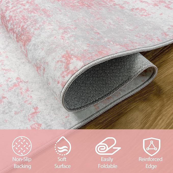9x12 Area Rugs for Living Room Rug Washable: Abstract Large Rug for Dining Room Bedroom Carpet Non Slip 9 by 12 Indoor Modern Nursery Home Office Pink