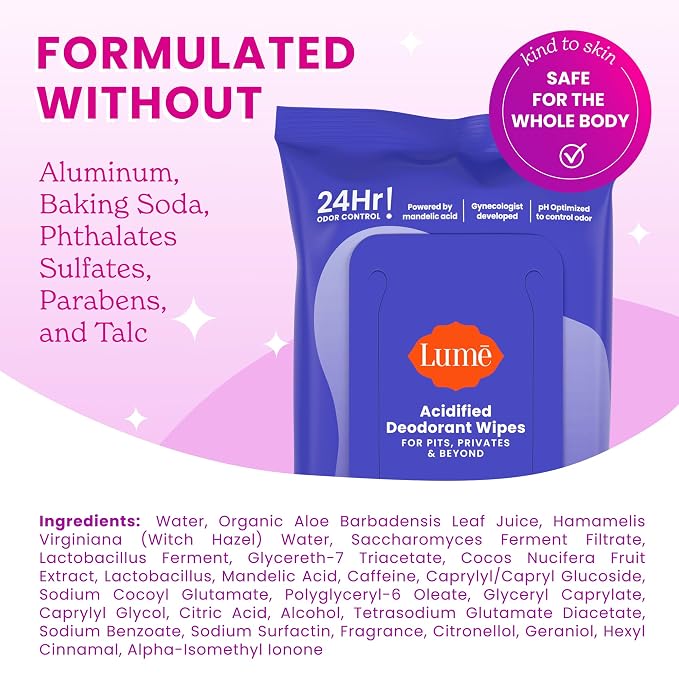 Lume Acidified Deodorant Wipes - 24 Hour Odor Control - Aluminum Free, Baking Soda Free, Skin Loving - Flushable - 15 Count (Soft Powder)