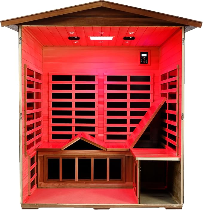 Full Spectrum Ultra-Low EMF Outdoor Sauna 4-Person, Mahogany Far Infrared Saunas for Home, Near&Mid-IR Light, EMF 0.1-4mG, Bluetooth & Chromotherapy