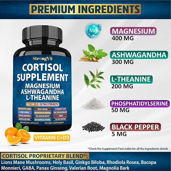 StrongVit Cortisol Supplements for Women and Men with Magnesium, Ashwagandha & L-Theanine. High Cortisol Reducer, Manager, Detox, Lower and Control. Sleep Support & Stress Relief, USA (180 Capsules)