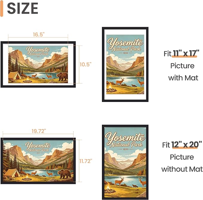 upsimples 12x20 Frame, Display Pictures 11x17 with Mat or 12 x 20 Without, Wall Hanging Photo Frames, Black, 1 Pack