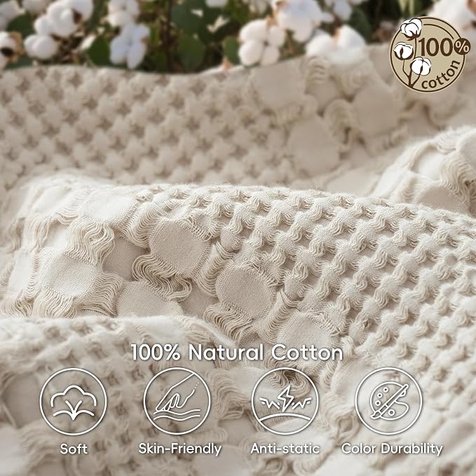 PHF 100% Cotton Waffle Weave Blanket King Size, Lightweight Breathable Summer Blanket for Hot Sleepers, Pre-Washed Soft Layer for Bed, Couch, Home Decor Gift, 108"x90", Light Taupe/Oatmeal