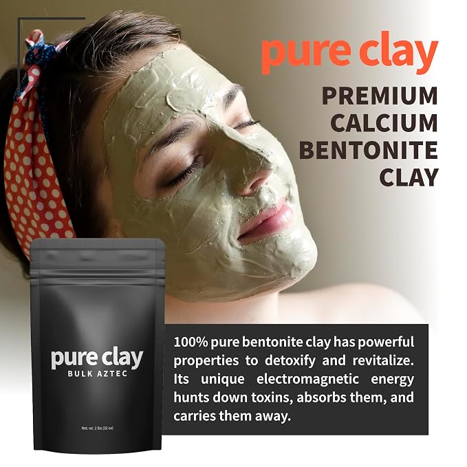 Pure Clay Bulk Aztec Organic Bentonite Clay Powder 2 lb Resealable Pouch Calcium Bentonite for Face Mask, Hair Mask, Body Wrap, Foot Bath, Bath Soak, Poultice, DIY Spa Skin Care Deep Pore Cleanse