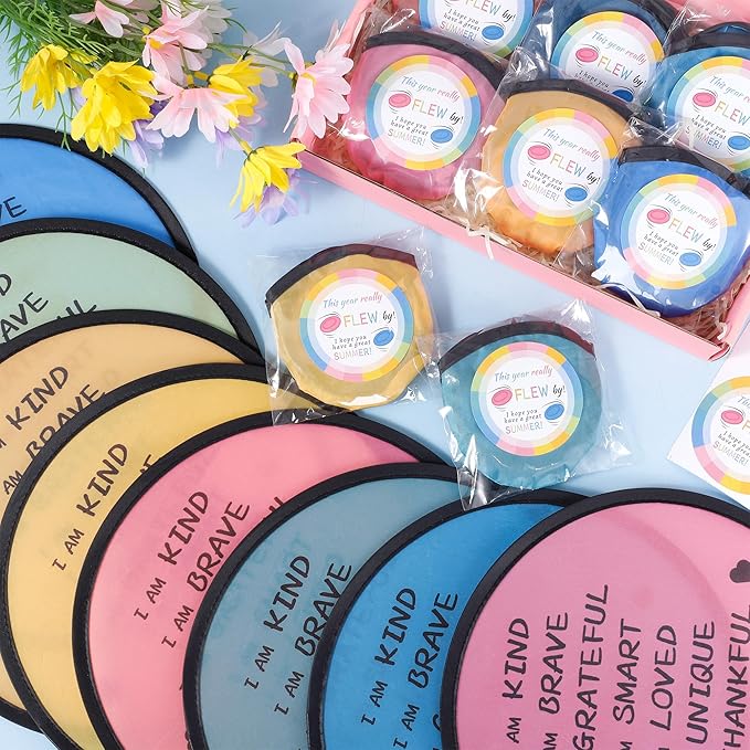 End of the Year Gifts for Students Bulk Foldable Flying Disc Fans Set with Stickers Bags, End of Year Student Gifts from Teacher Beach Fun Folding Pocket Hand Fans for Outdoor Activities Games