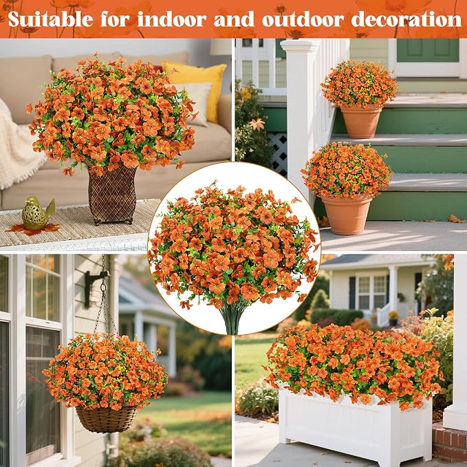 Ouddy Decor 24 Pcs Artificial Fall Flowers, Fake Mums for Outdoors, Orange | Lifelike faux mums, silk flower, UV resistant, no-maintenance, for autumn Thanksgiving garden porch yard indoor outdoor decor