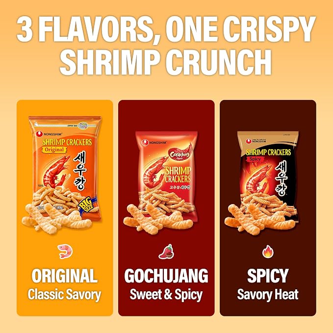 Nongshim Shrimp Chips 3-Flavor, Crispy Korean Snack Variety, 5 Count