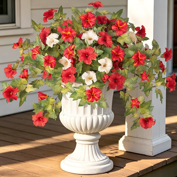 Ammyoo Artificial Fall Flowers Fake Petunias Plants for Outdoor Decoration | 2 Pcs No Maintenance Faux Silk Flowers UV Resistant Floral for Garden Window Porch Patio Real Looking Indoor Autumn Decor