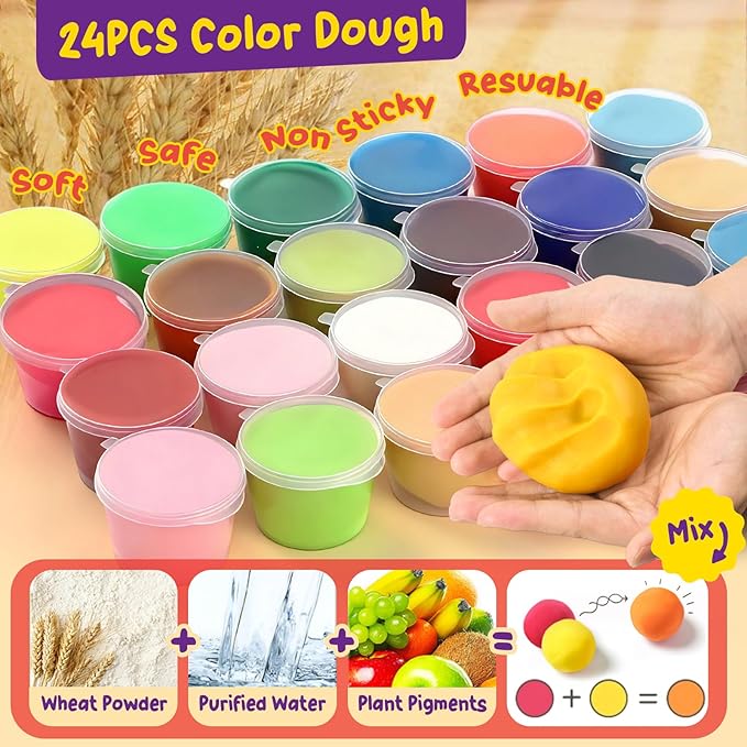 4 in 1 Playdough Sets for Kids Ages 4-8, 24 Colors Dough Accessories with Ice Cream/ Noodles/ Cake Makers, Kitchen Pretend Play Tools Kit, Birthday Gifts Toys for Toddlers Boys Girls 3 4 5 6 7 8