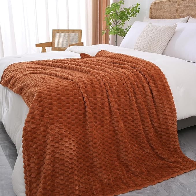 Puncuntex Burnt Orange Throw Blanket 108"×90" Fuzzy 3D Jacquard Decorative | Flannel Fleece Super Soft Plush Cozy Blanket for Couch Sofa Chair Lightweight