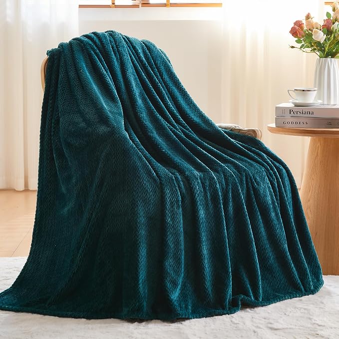 NEWCOSPLAY Fleece Leaves Pattern Throw Blanket, Dark Teal, 50"x60" | Super Soft Throw Blanket, Lightweight Cozy Bed Sofa Blanket, Premium Silky Flannel Fleece, Travel Blanket for All Season Use