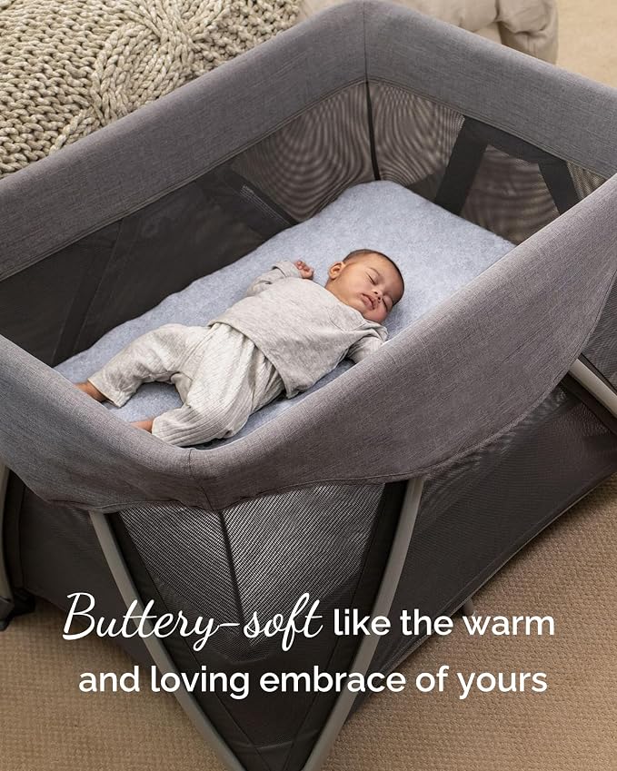 Pack and Play Sheets Fitted – Compatible with 4moms Breeze Plus Playard and Other Large Playpen Mattress – Buttery Soft Jersey Playard Sheets, Grey + Navy + Cloud, 3 Pack