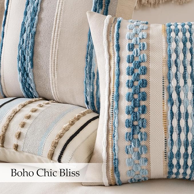 ANRODUO Boho Decorative Pillow Covers 26x26 Light Blue Stripe Pack of 2 | Euro Throw Pillow Covers, Farmhouse Cushion Case, Chenille Pillow Cases, Pillow Covers, Neutral Pillowcase for Sofa Couch Bed