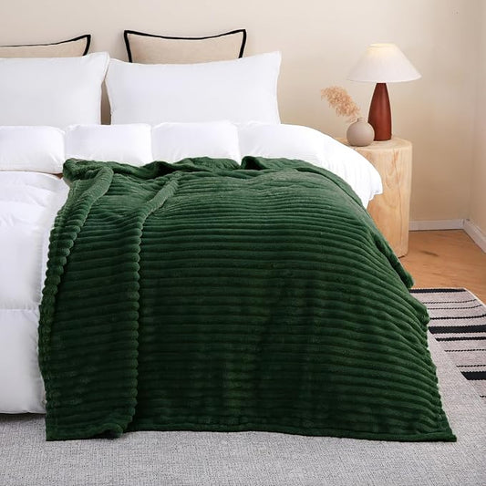Green Fleece Throw Blanket 108”×90” for Couch Sofa Livingroom | Super Soft Cozy Plush Microfiber Flannel Bed Blanket Striped Design Lightweight Home Decor Gifts for Adults Mom Women