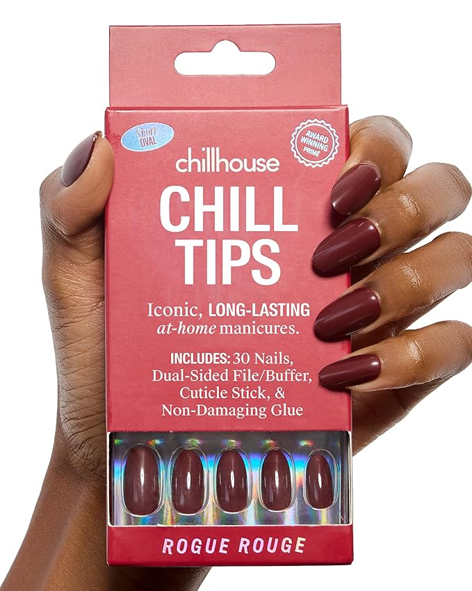Chillhouse Chill Tips Signatures Press On Nails Kit, Rogue Rouge - 30 Nail Shapes & Sizes, Dual-Sided Buffer & File, Cuticle Stick & Glue - Long-Lasting Nail Art Manicures