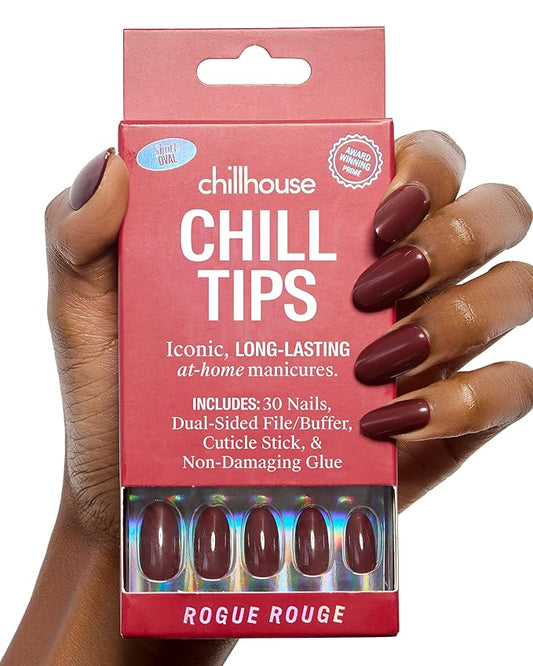 Chillhouse Chill Tips Signatures Press On Nails Kit, Rogue Rouge - 30 Nail Shapes & Sizes, Dual-Sided Buffer & File, Cuticle Stick & Glue - Long-Lasting Nail Art Manicures
