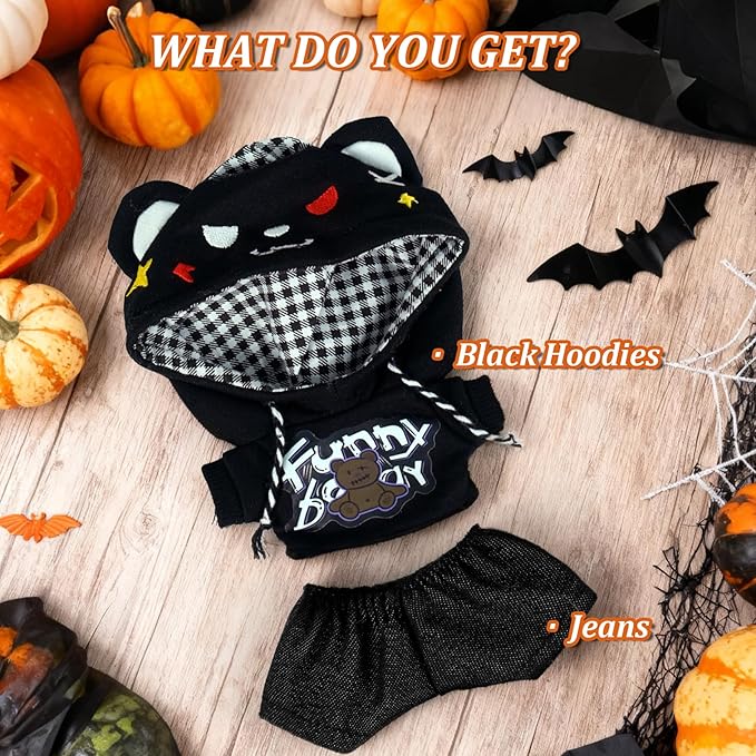 17cm Halloween Doll Clothes Outfits-Set,Cool Casual Style Desinger Doll Clothing Accessories for 17cm Boy Dolls-Black Hoodies with Scary Hat+Jeans (No Doll)