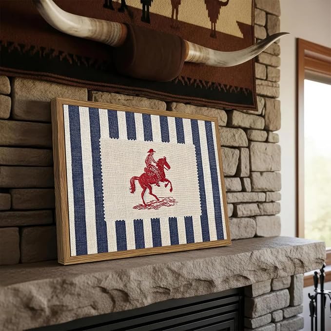 Vintage Western Wall Art Mid Century Striped Cowboy Wall Decor Painting Blue and White Southwest Poster Canvas Print for Bedroom Lving Room 16x24 inch Wood Framed