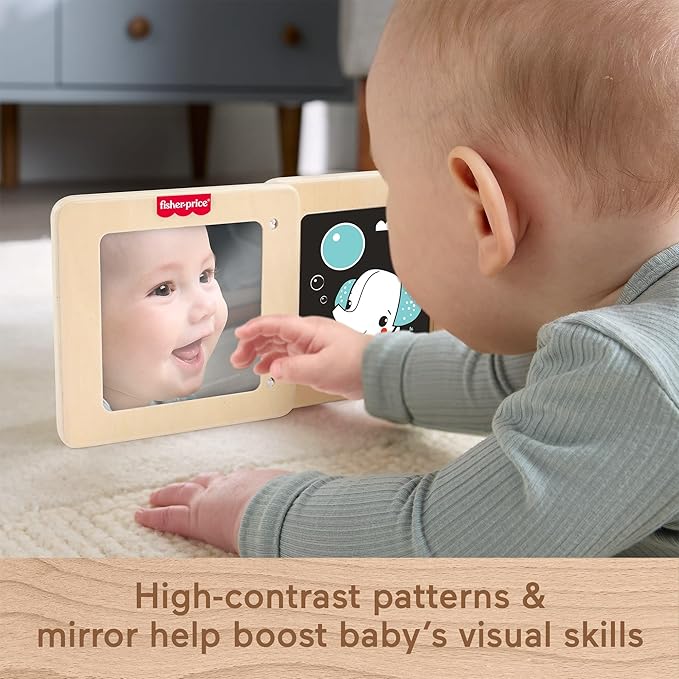 Fisher-Price Wood Baby Toy Tummy Time Panel, Newborn Sensory Activity with Mirror & High Contrast Designs for Infants Ages 0+ Months