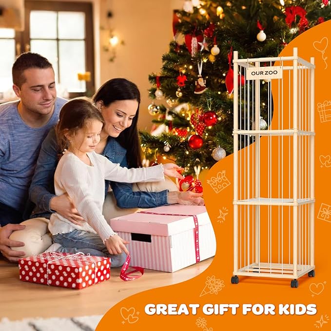 Stuffed Animal Storage: Wood Stuffed Animal Zoo, Stuffed Animal Holder with Mesh Net, Plush Toy Organizer Tube with Brake Wheels, Space Save Stuffed Animal Cage for Kids Room Playroom Nursery Bedroom